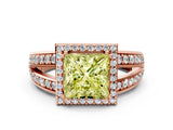 Rose gold Fancy Yellow Princess Cut Diamond Halo Ring with Split Shank Pavé Band and Four-Prong Setting
