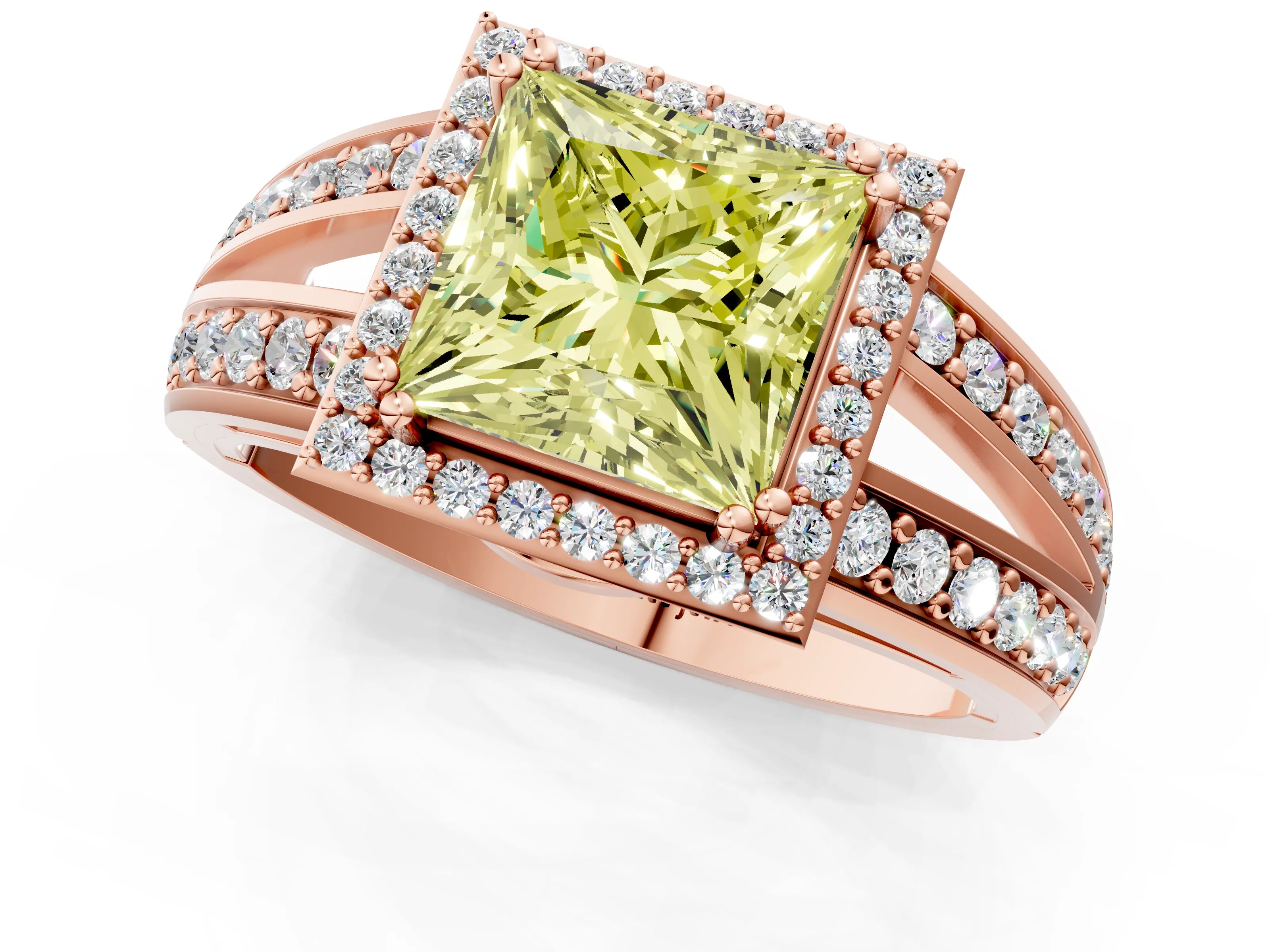 Rose gold Fancy Yellow Princess Cut Diamond Halo Ring with Split Shank Pavé Band and Four-Prong Setting_1