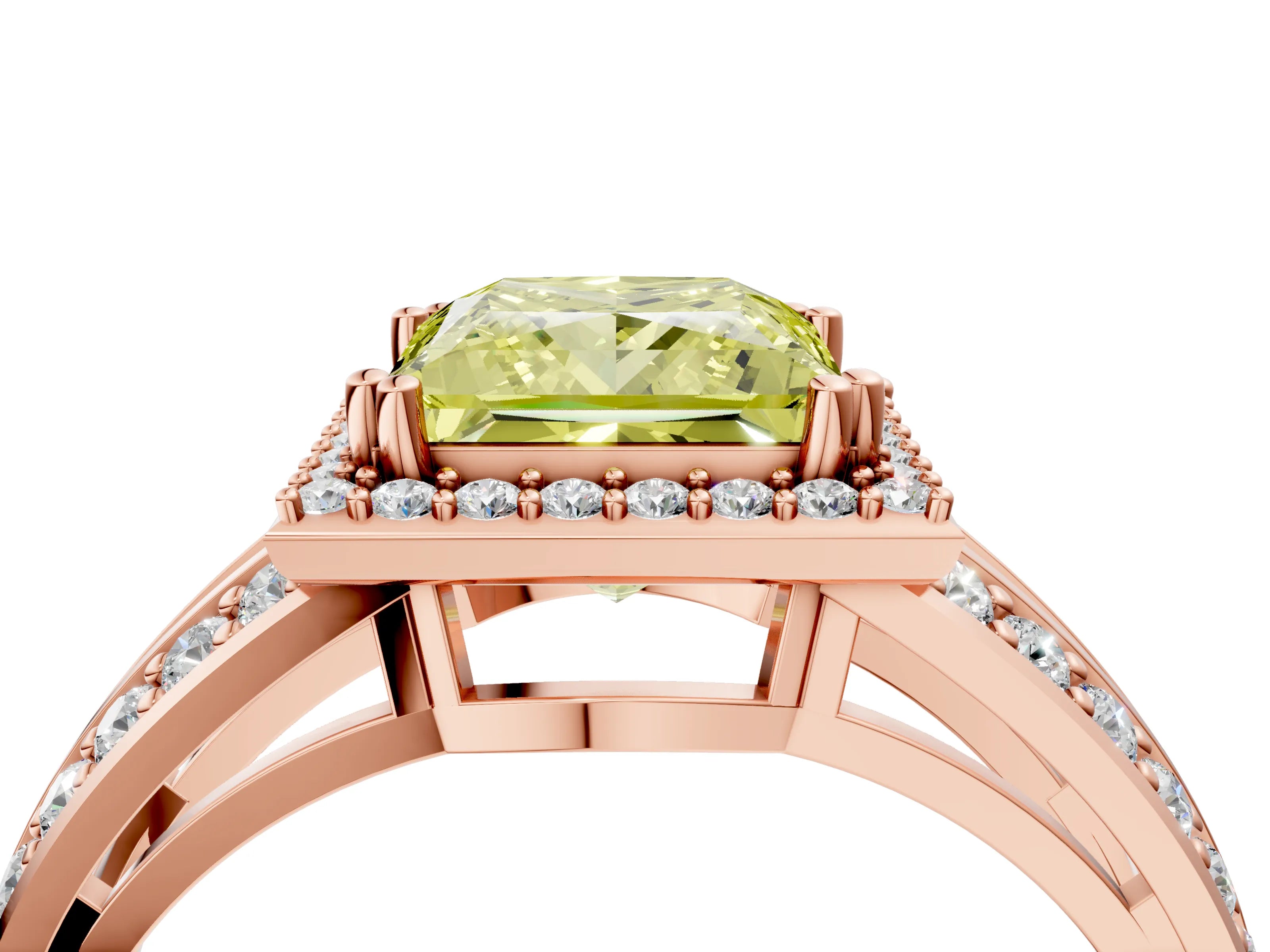Rose gold Fancy Yellow Princess Cut Diamond Halo Ring with Split Shank Pavé Band and Four-Prong Setting_4