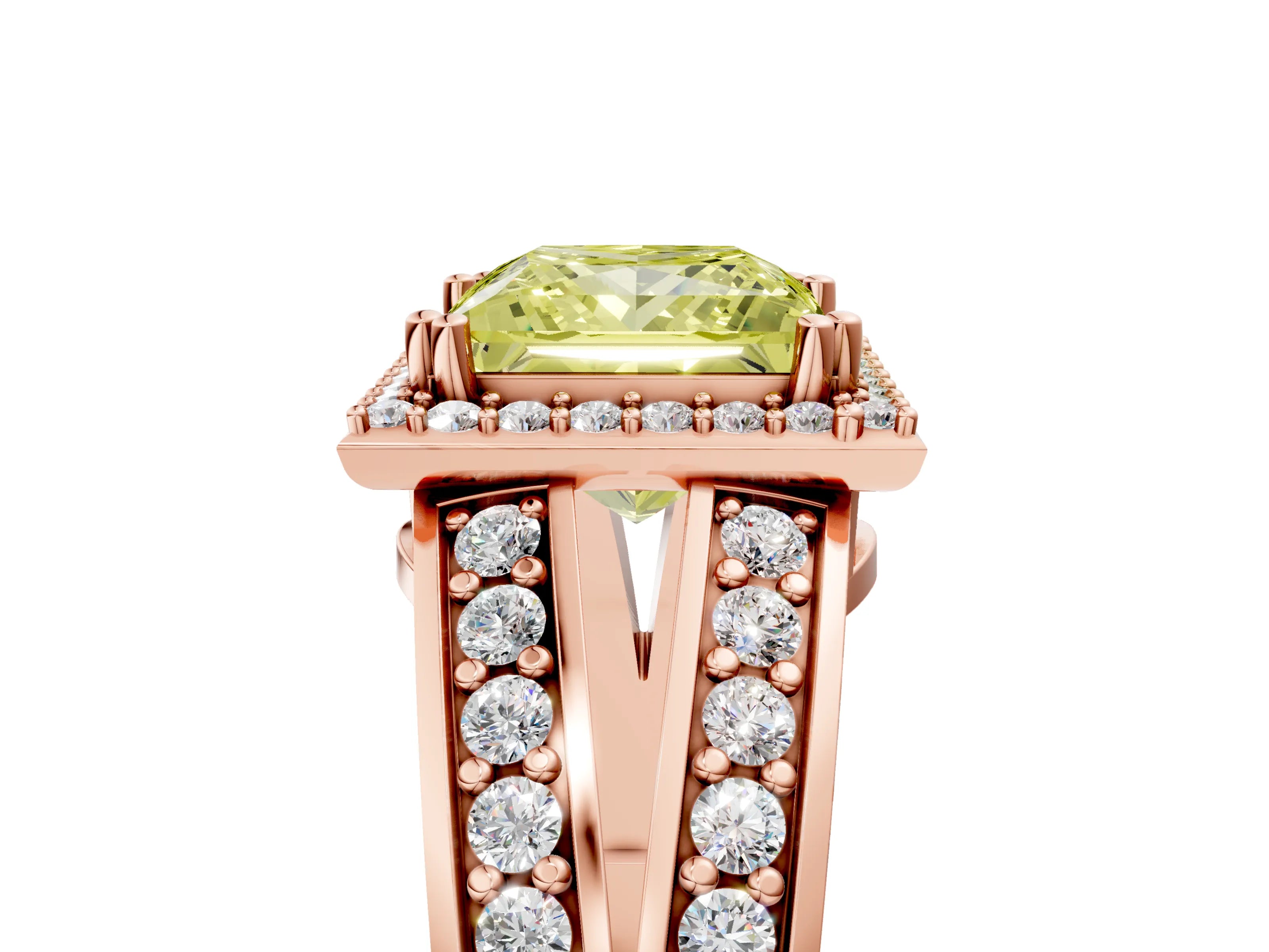 Rose gold Fancy Yellow Princess Cut Diamond Halo Ring with Split Shank Pavé Band and Four-Prong Setting_5