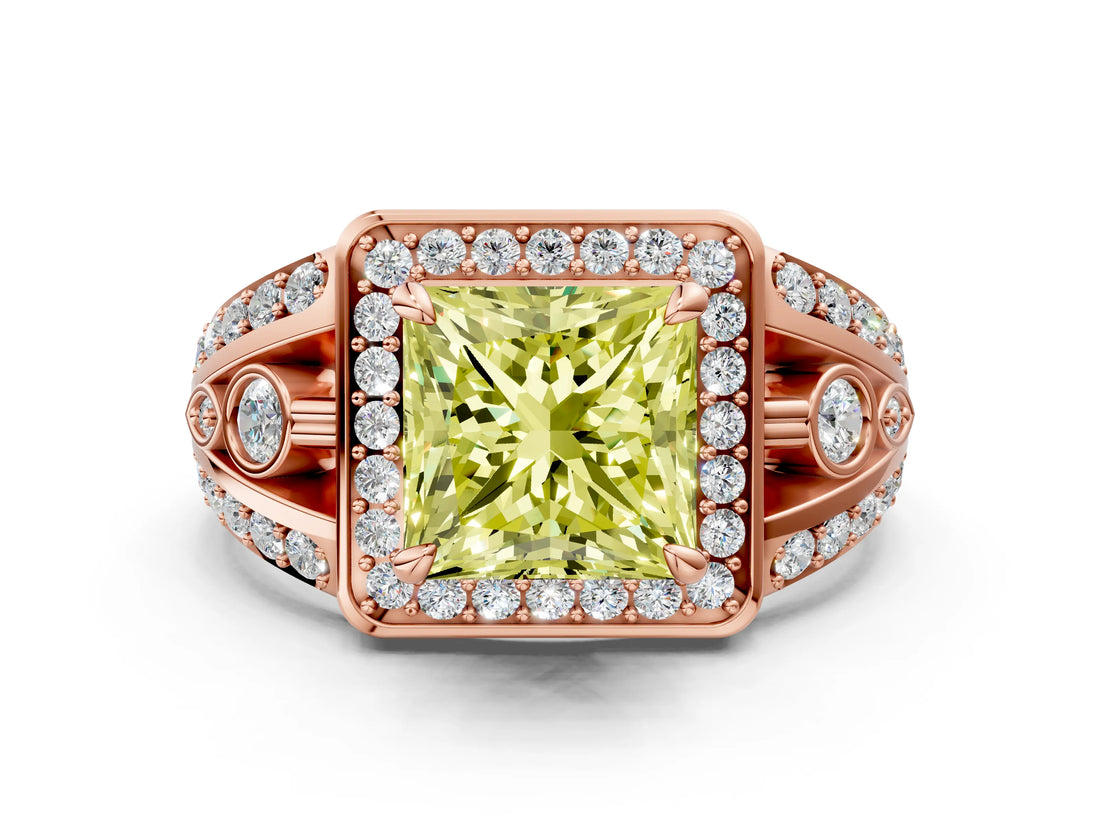 Rose gold Fancy Yellow Princess Cut Diamond Halo Ring with Split Shank and Bezel Accents and Four-Prong Setting