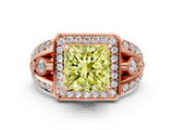 Rose gold Fancy Yellow Princess Cut Diamond Halo Ring with Split Shank and Bezel Accents and Four-Prong Setting