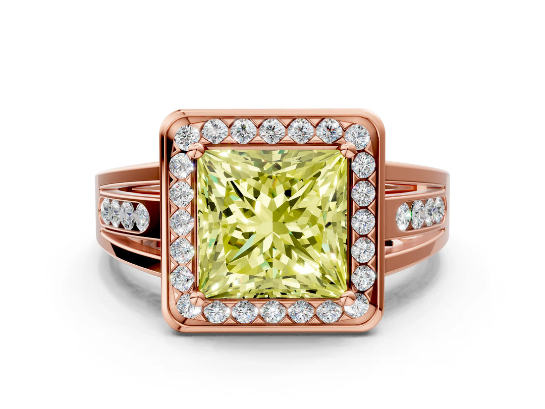 Rose gold Fancy Yellow Princess Cut Diamond Halo Ring with Split Shank and Bezel Accents and Prong Setting
