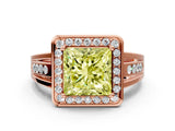 Rose gold Fancy Yellow Princess Cut Diamond Halo Ring with Split Shank and Bezel Accents and Prong Setting
