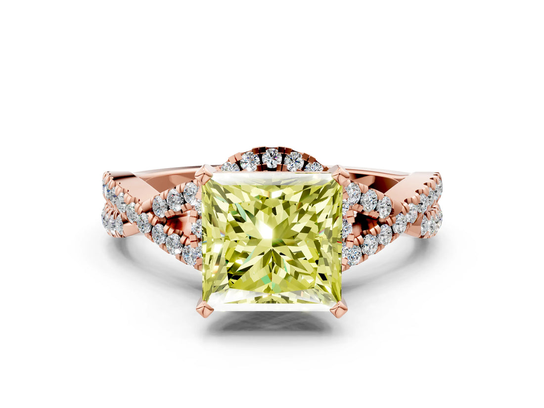 Rose gold Fancy Yellow Princess Cut Diamond  Halo Twist Band Solitaire Prong Setting Ring_48