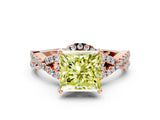Rose gold Fancy Yellow Princess Cut Diamond  Halo Twist Band Solitaire Prong Setting Ring_48