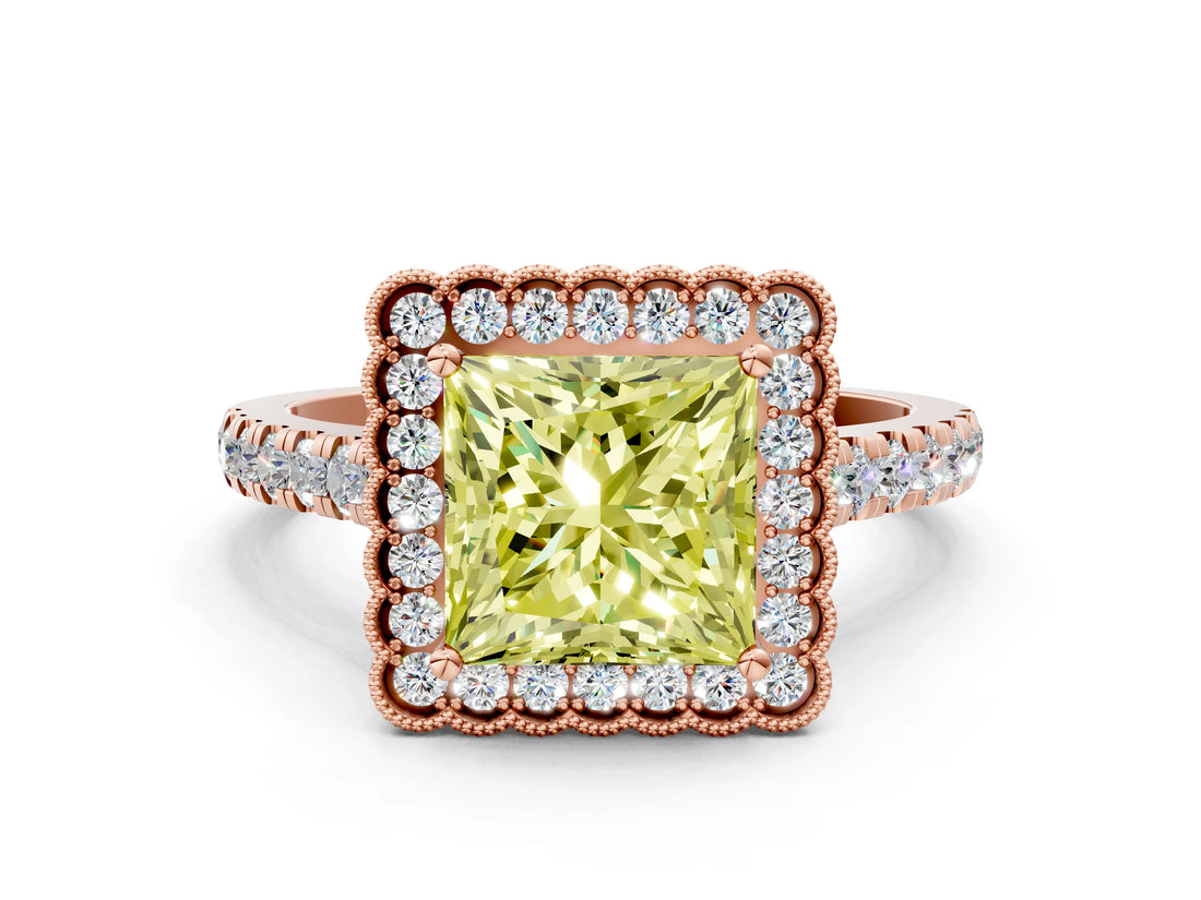 Rose gold Fancy Yellow Princess  Cut Diamond Milgrain Floral Halo Engagement Ring with Pavé Band_15