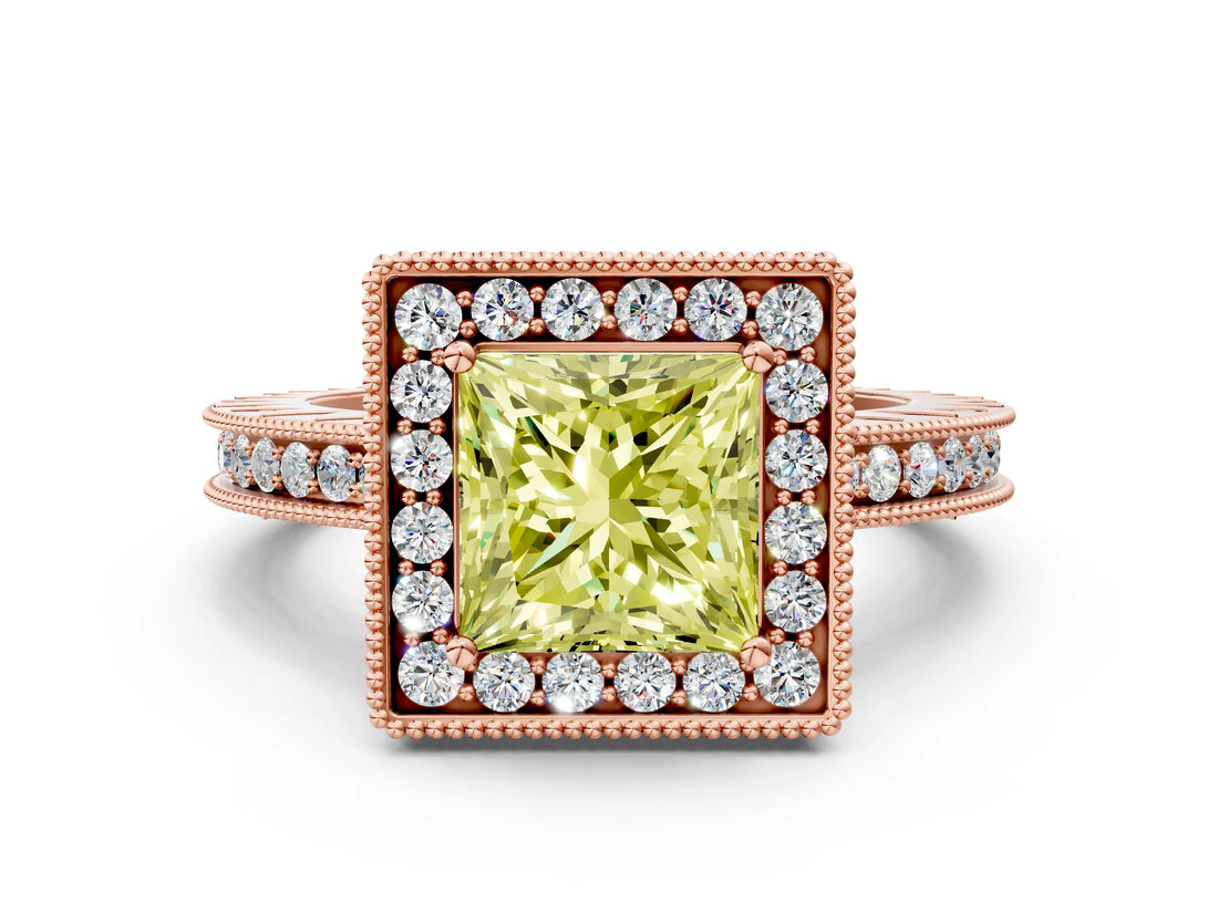 Rose gold Fancy Yellow Princess Cut Diamond Milgrain Halo Engagement Ring with Round Pavé Band and Prong Setting_24
