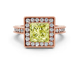 Rose gold Fancy Yellow Princess Cut Diamond Milgrain Halo Engagement Ring with Round Pavé Band and Prong Setting_24