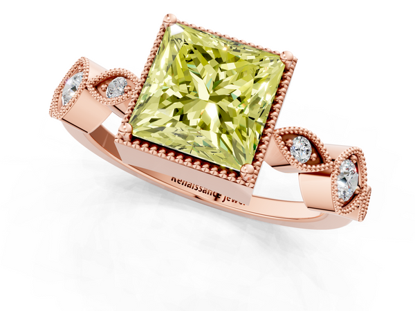 Rose gold Fancy Yellow Princess  Cut Diamond Milgrain Marquise Band with Prong Setting