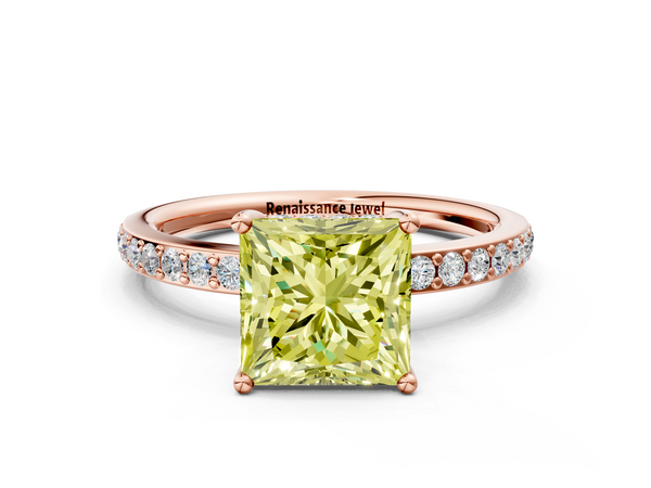 Rose gold Fancy Yellow Princess  Cut Diamond Pavé Band Ring with Four-Prong Setting
