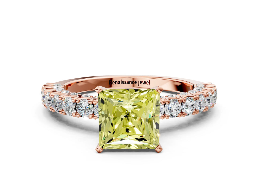 Rose gold Fancy Yellow Princess Cut Diamond Pavé Band Solitaire Ring with Prong Setting_17