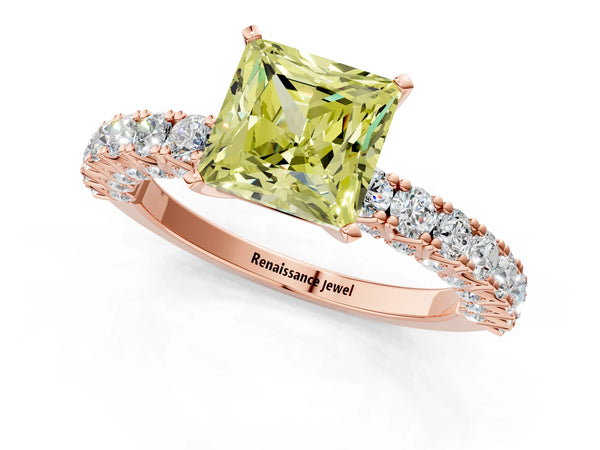 Rose gold Fancy Yellow Princess Cut Diamond Pavé Band Solitaire Ring with Prong Setting