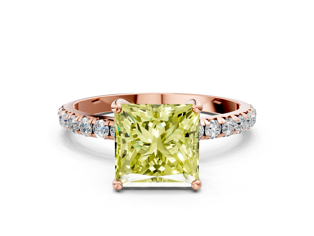 Rose gold Fancy Yellow Princess  Cut Diamond Pavé Band Solitaire with Four-Prong Setting_3