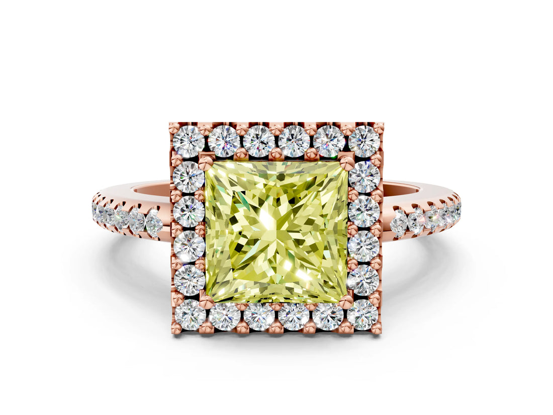 Rose gold Fancy Yellow Princess Cut Diamond Pavé Halo Ring with Four-Prong Setting_17