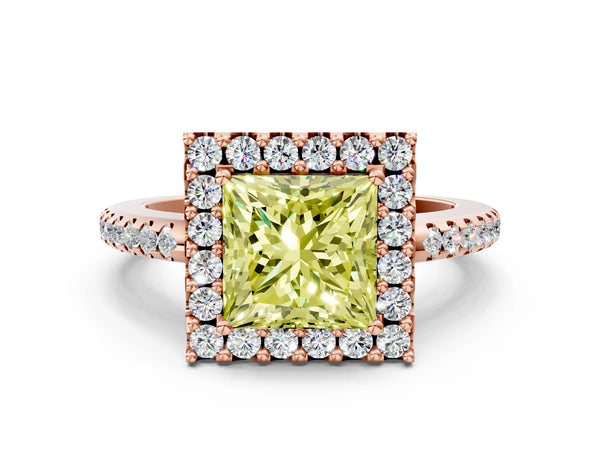 Rose gold Fancy Yellow Princess Cut Diamond Pavé Halo Ring with Four-Prong Setting