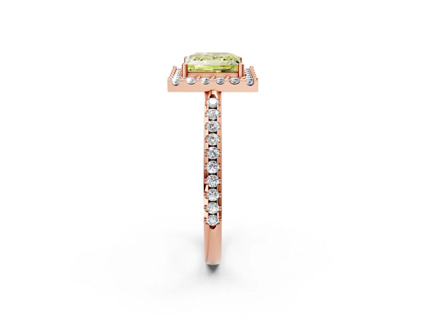 Rose gold Fancy Yellow Princess Cut Diamond Pavé Halo Ring with Four-Prong Setting