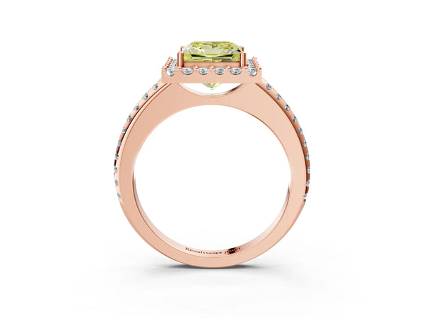 Rose gold Fancy Yellow Princess Cut Diamond Pavé Halo Ring with Four-Prong Setting