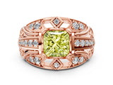 Rose gold Fancy Yellow Princess Cut Diamond Pave Art Deco Split Shank Ring with Four-Prong Setting