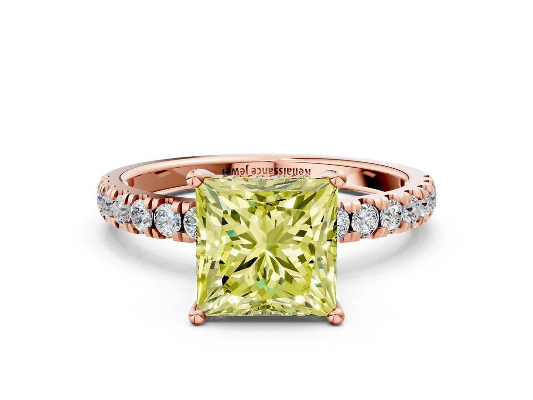 Rose gold Fancy Yellow Princess Cut Diamond Pave Band Solitaire Ring with Four-Prong Setting_18