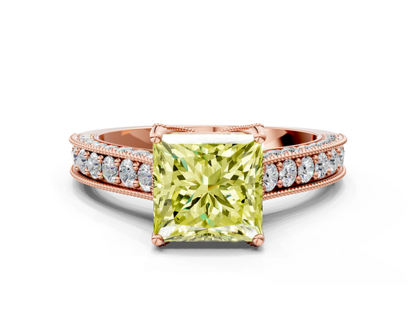 Rose gold Fancy Yellow Princess  Cut Diamond Solitaire Ring with Milgrain Pave Band and Four Prong Setting