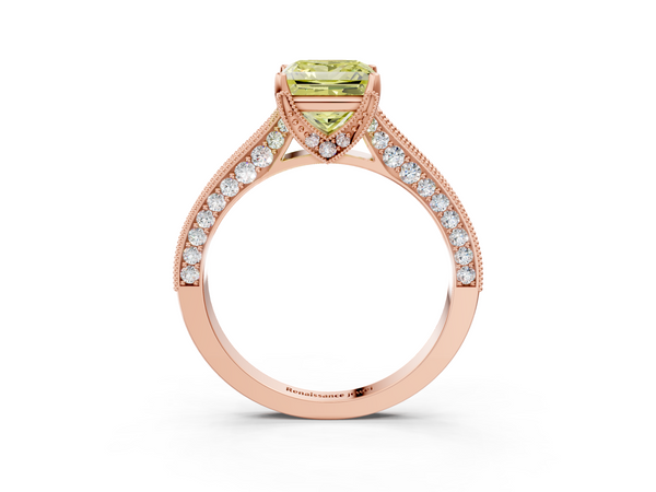 Rose gold Fancy Yellow Princess  Cut Diamond Solitaire Ring with Milgrain Pave Band and Four Prong Setting
