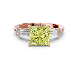 Rose gold Fancy Yellow Princess  Cut Diamond Ring with Baguette Side Stones, Channel Set Band, and Four-Prong Setting