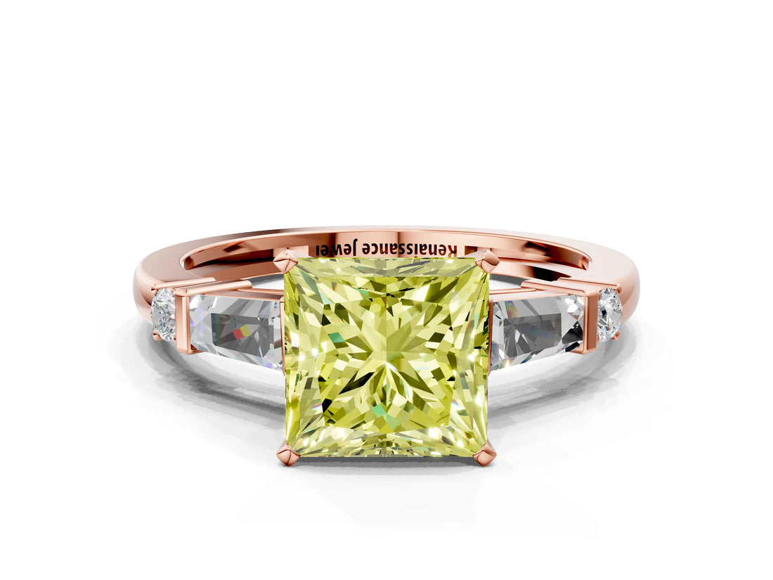 Rose gold Fancy Yellow Princess  Cut Diamond Ring with Baguette Side Stones, Channel Set Band, and Four-Prong Setting_24