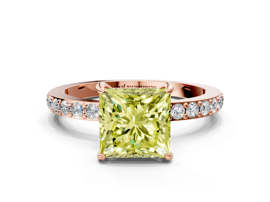 Rose gold Fancy Yellow Princess  Cut Diamond Ring with Pavé Band and Four-Prong Setting