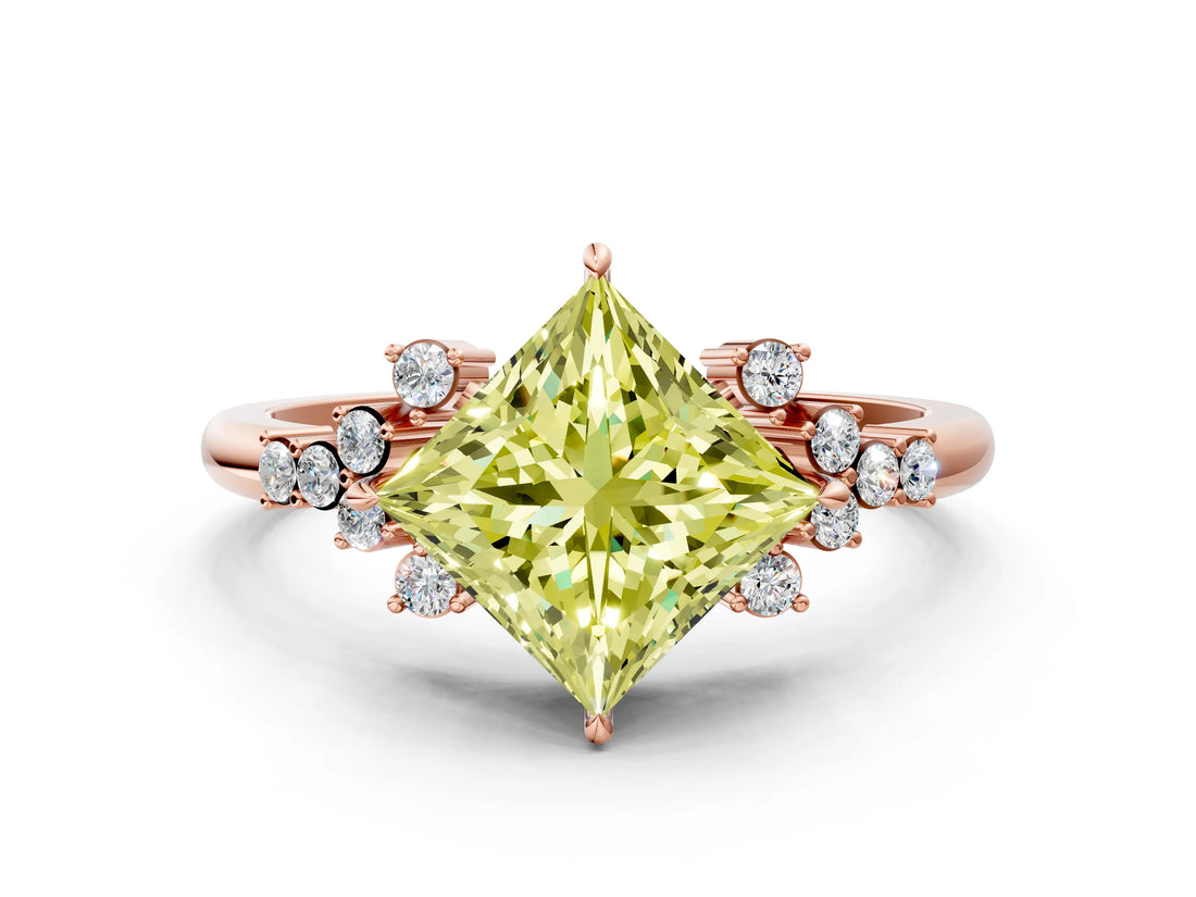 Rose gold Fancy Yellow Princess Cut Diamond Ring with Side Stones and Four-Prong Setting_41