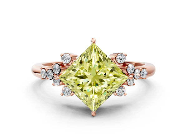 Rose gold Fancy Yellow Princess Cut Diamond Ring with Side Stones and Four-Prong Setting
