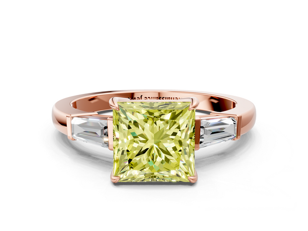 Rose gold Fancy Yellow Princess  Cut Diamond Ring with Tapered Baguette Side Stones in Four-Prong Setting