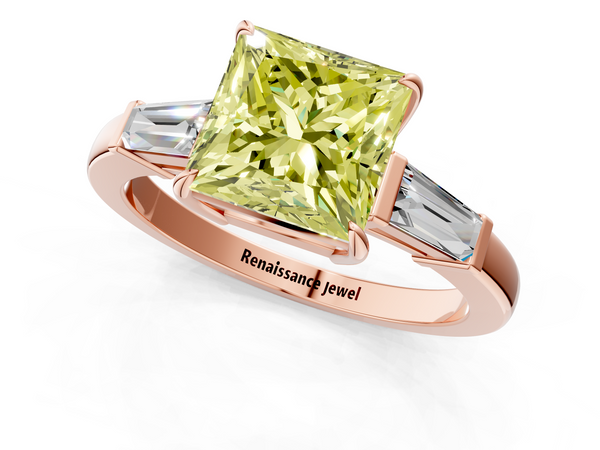 Rose gold Fancy Yellow Princess  Cut Diamond Ring with Tapered Baguette Side Stones in Four-Prong Setting