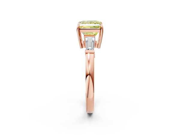 Rose gold Fancy Yellow Princess  Cut Diamond Ring with Tapered Baguette Side Stones in Four-Prong Setting