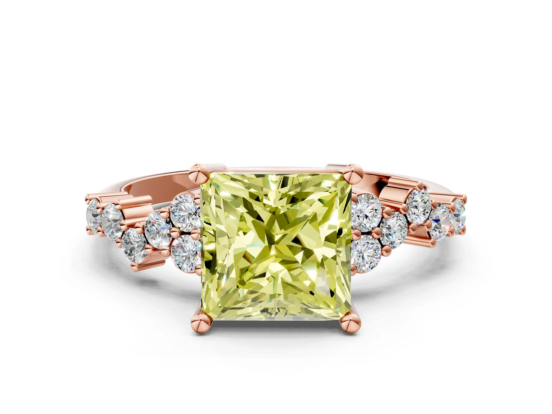 Rose gold Fancy Yellow Princess Cut Diamond Scattered Round Accent Ring with Prong Setting_12