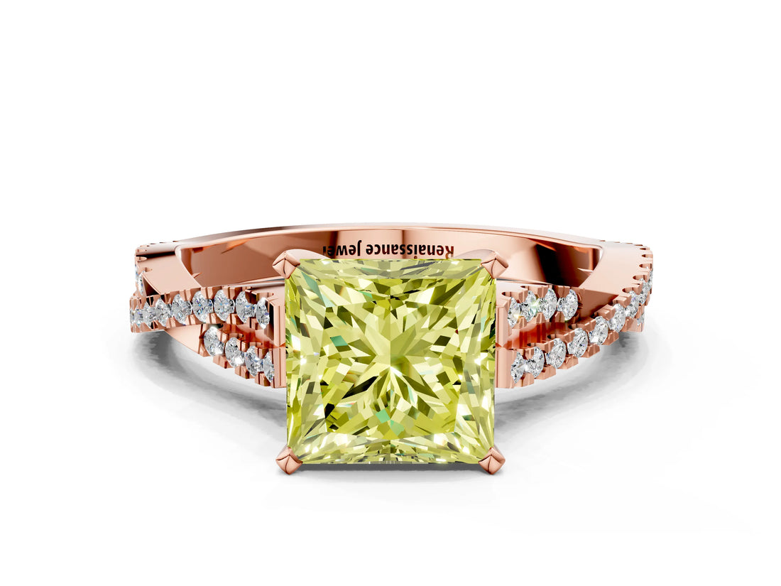 Rose gold Fancy Yellow Princess Cut Diamond Solitaire Engagement Ring with Twisted Pavé Band and Four-Prong Setting_32