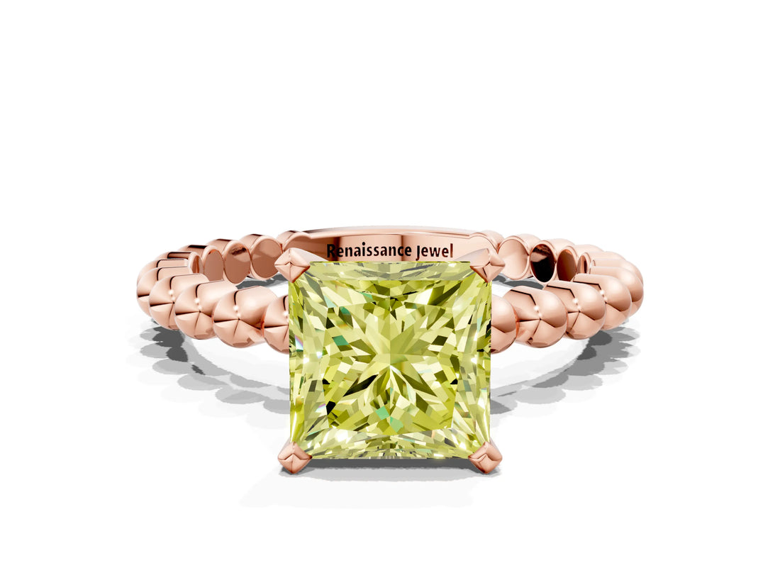 Rose gold Fancy Yellow Princess Cut Diamond Solitaire Ring with Beaded Band and Prong Setting_23