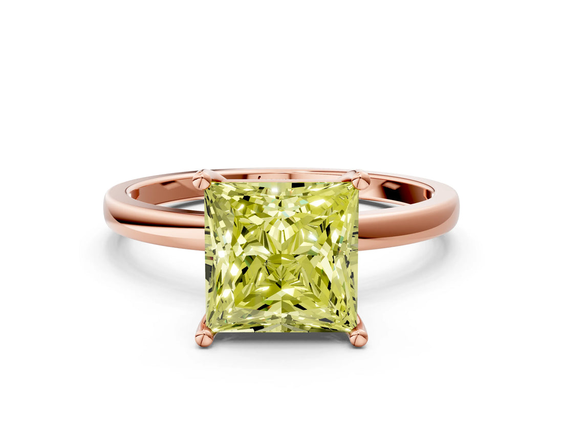 Rose gold Fancy Yellow Princess Cut Diamond Solitaire Ring with Classic Band and Four-Prong Setting