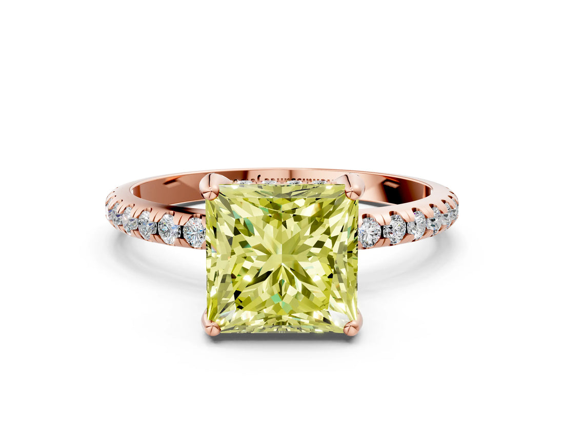 Rose gold Fancy Yellow Princess Cut Diamond Solitaire Ring with Four-Prong Setting and Pavé Band_3