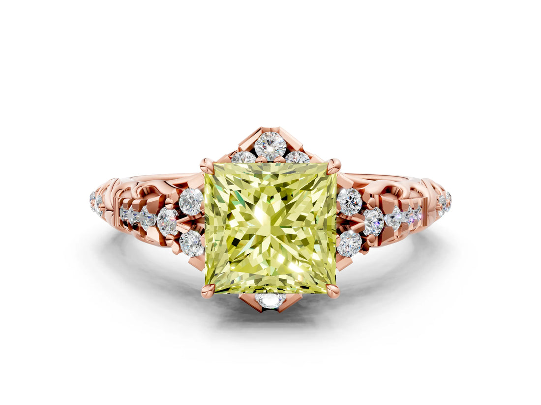 Rose gold Fancy Yellow Princess Cut Diamond Solitaire Ring with Hidden Halo and Pavé Band_27