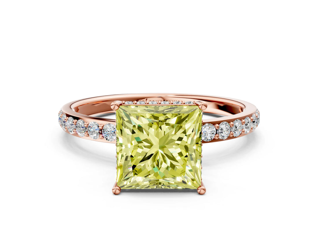 Rose gold Fancy Yellow Princess Cut Diamond Solitaire Ring with Pavé Band and Hidden Halo_20