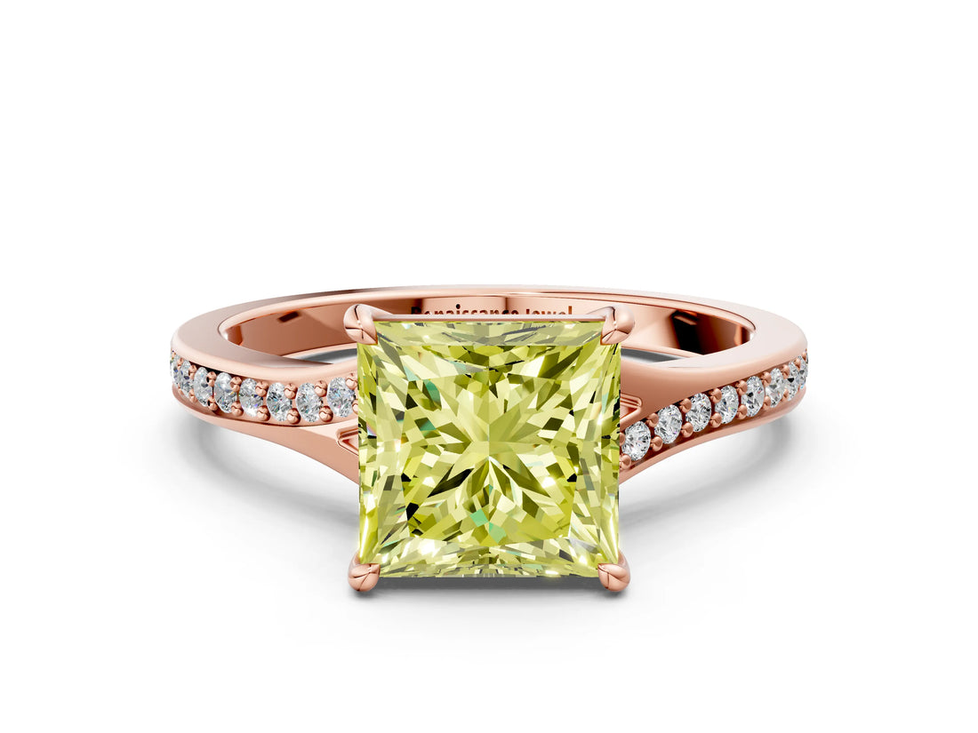 Rose gold Fancy Yellow Princess Cut Diamond Solitaire Ring with Pavé Band and Prong Setting_12