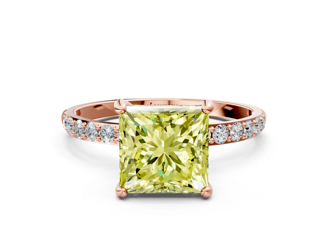 Rose gold Fancy Yellow Princess Cut Diamond Solitaire Ring with Pave Band and Four Prong Setting_16