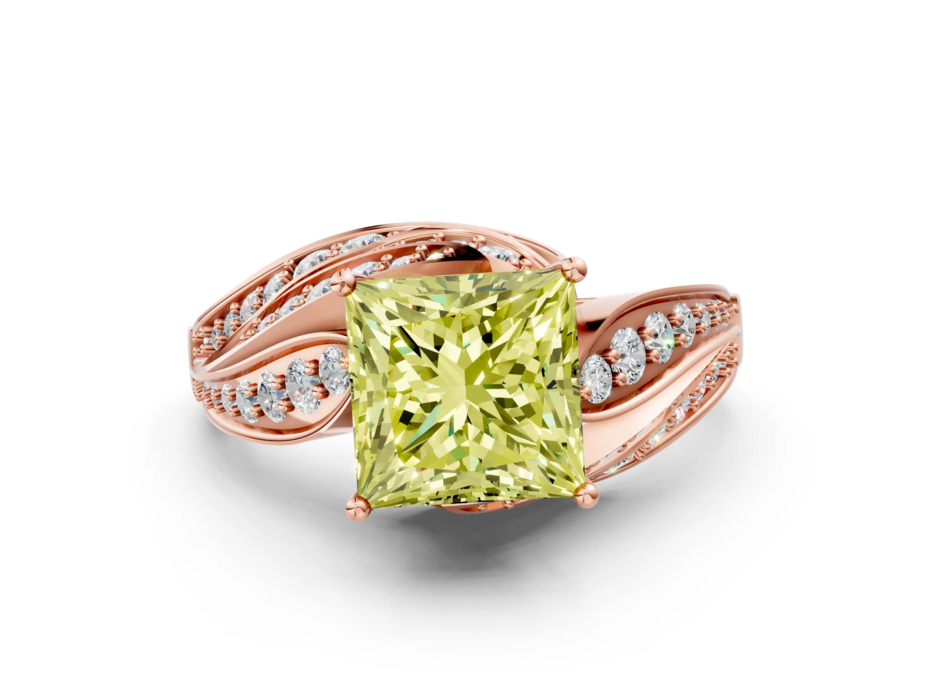 Rose gold Fancy Yellow Princess Cut Diamond Solitaire Ring with Prong Setting and Twisted Pavé Band