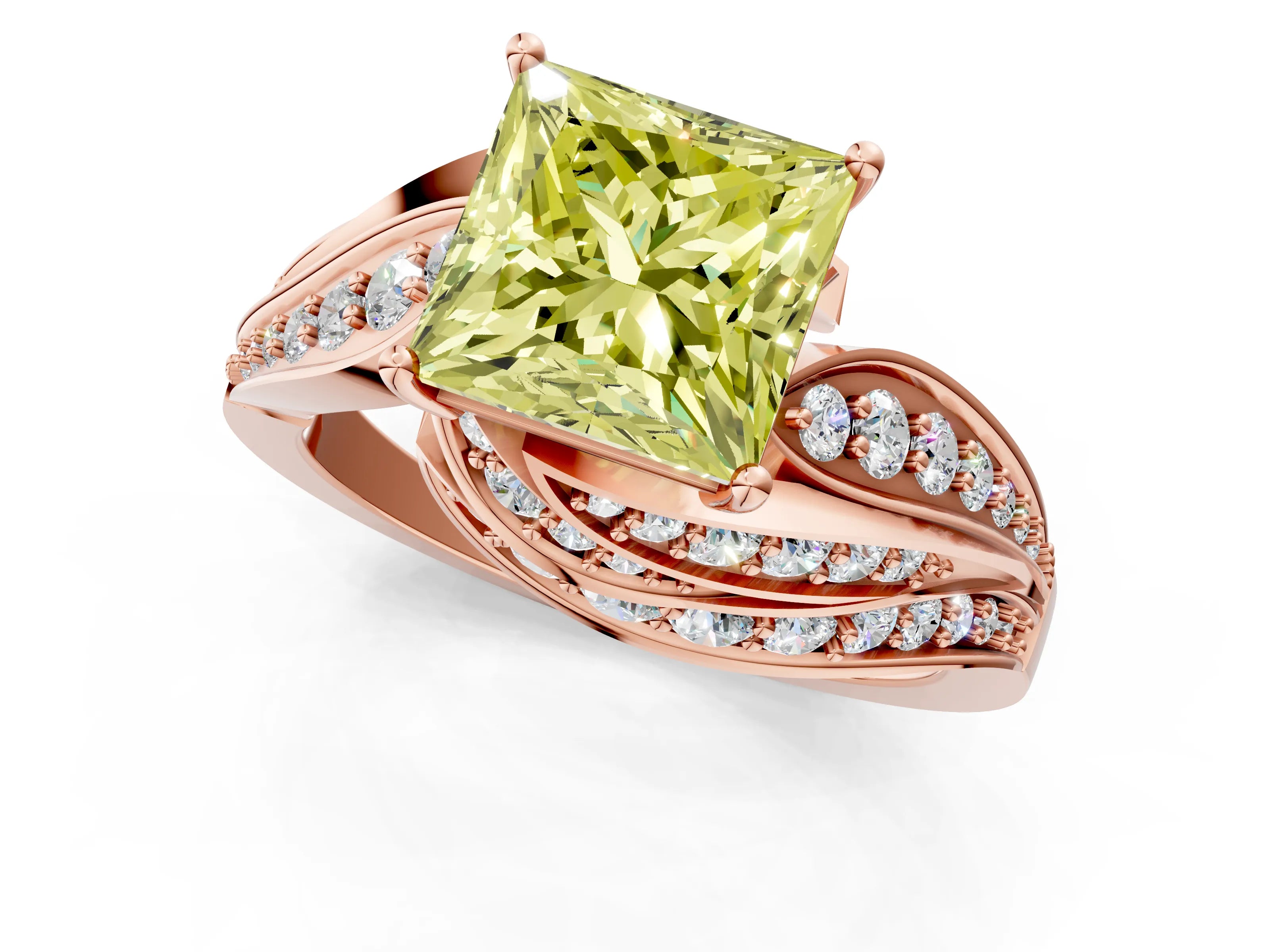 Rose gold Fancy Yellow Princess Cut Diamond Solitaire Ring with Prong Setting and Twisted Pavé Band_1
