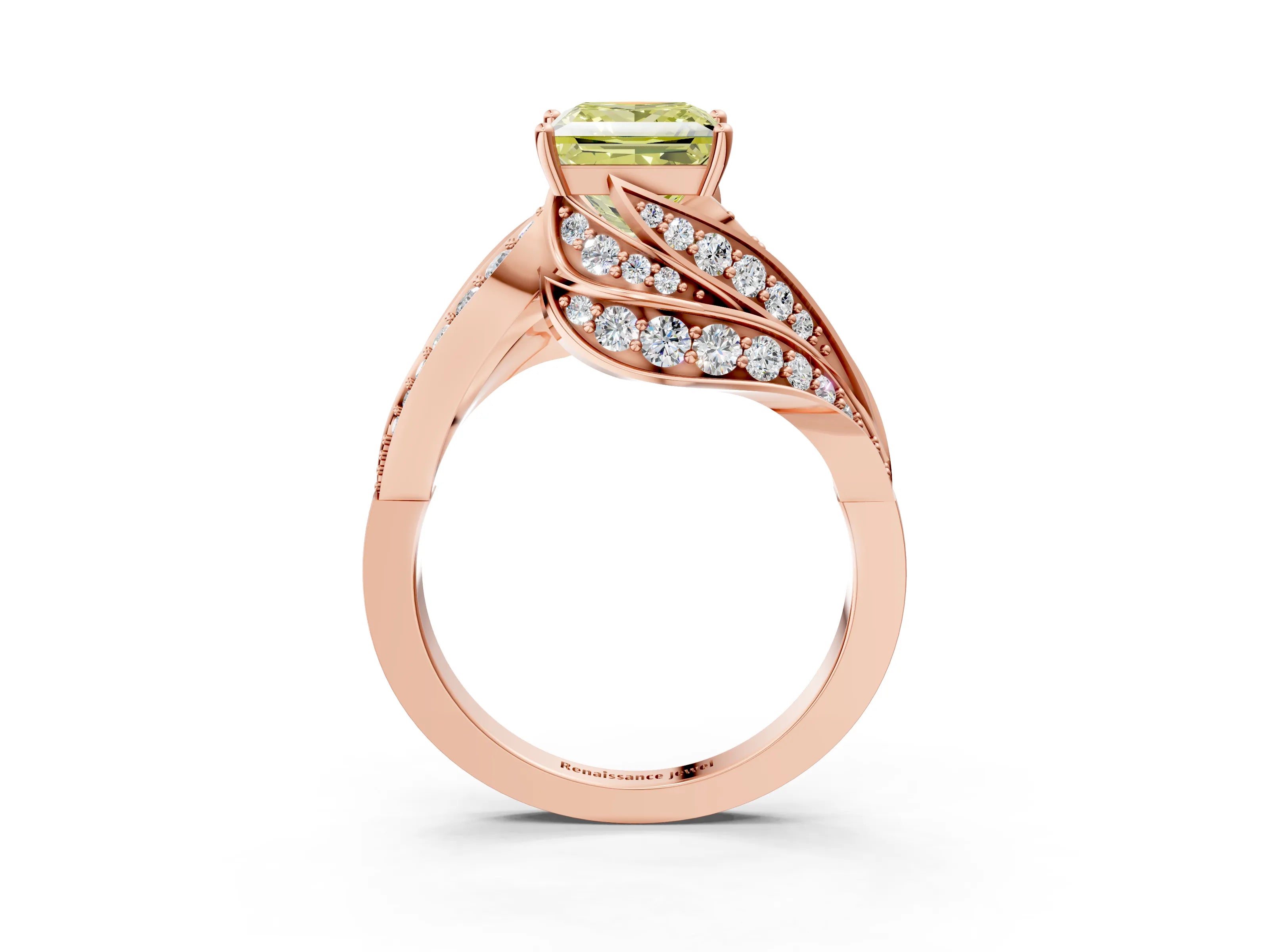 Rose gold Fancy Yellow Princess Cut Diamond Solitaire Ring with Prong Setting and Twisted Pavé Band_3
