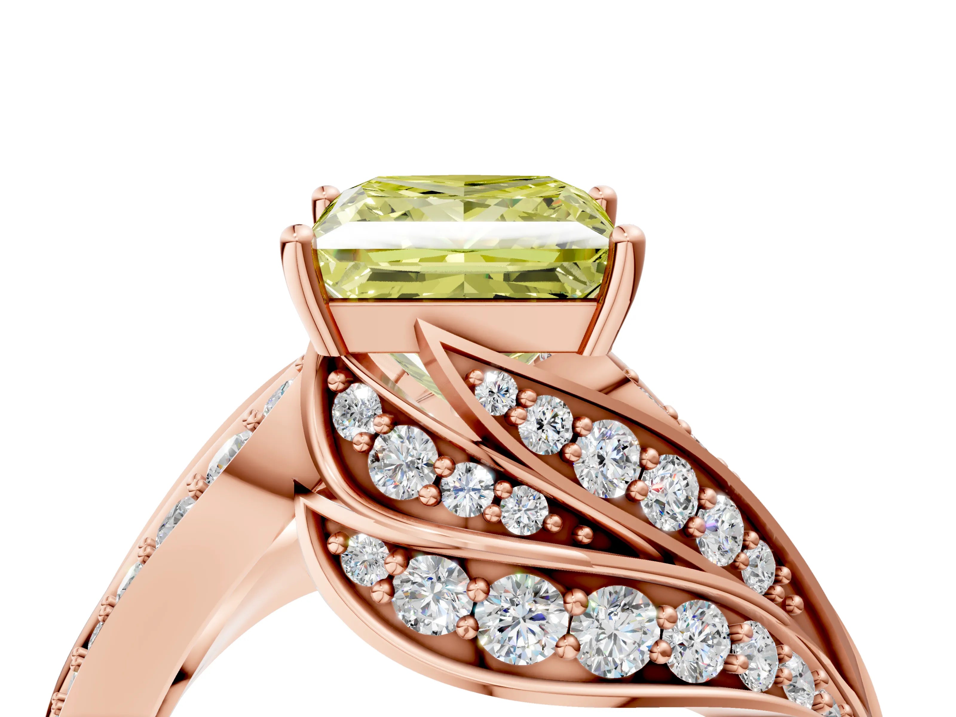 Rose gold Fancy Yellow Princess Cut Diamond Solitaire Ring with Prong Setting and Twisted Pavé Band_4