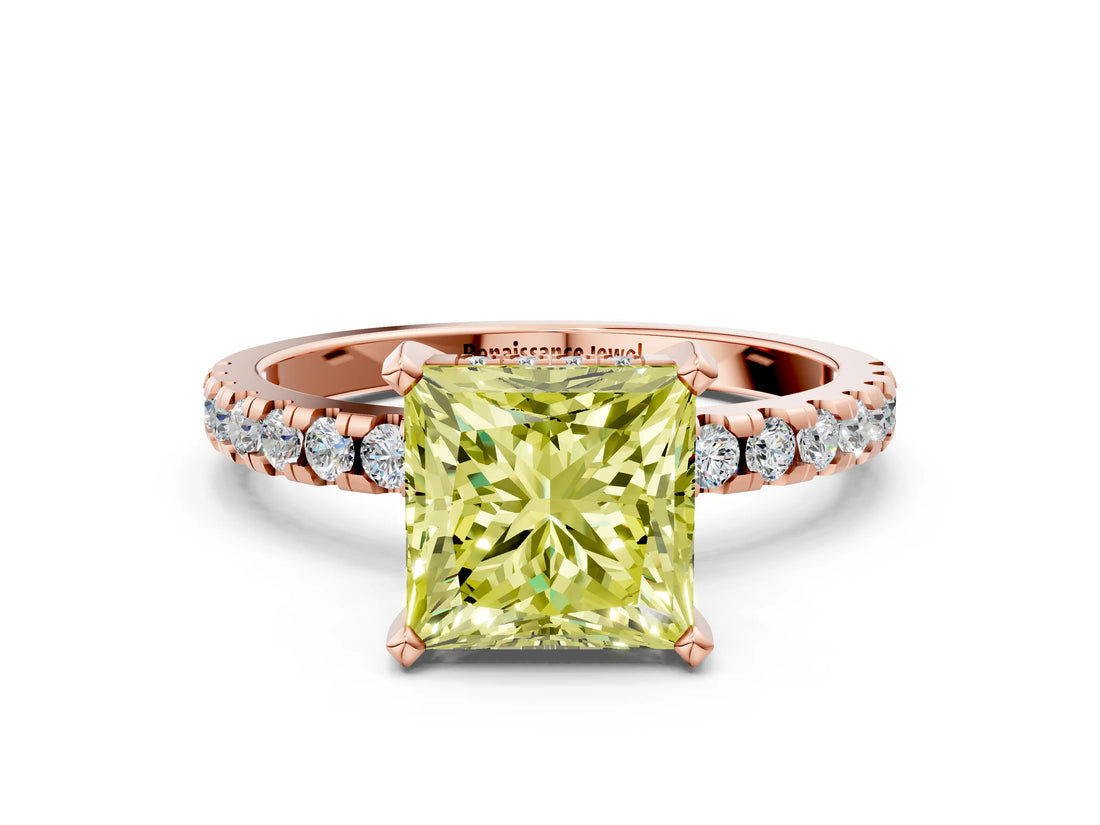 Rose gold Fancy Yellow Princess Cut Diamond Solitaire Ring with Round  Pavé Band and Four-Prong Setting_36