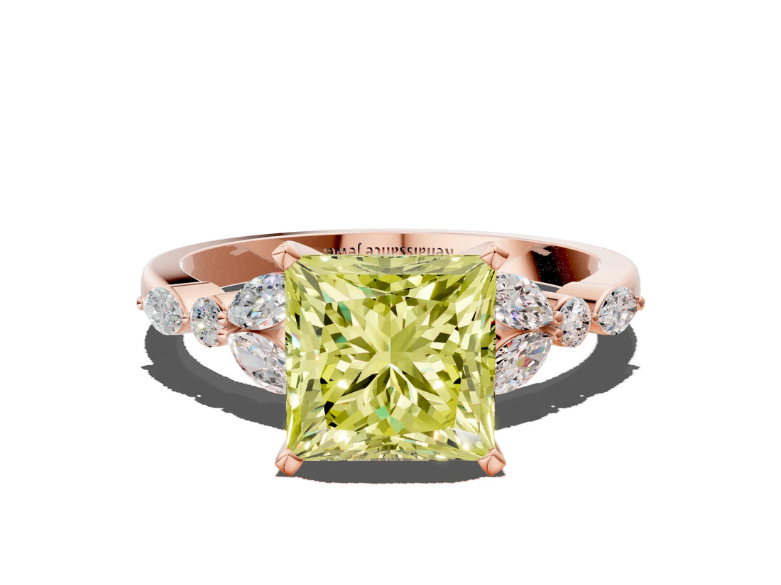Rose gold Fancy Yellow Princess Cut Diamond Solitaire Ring with Side Stones and Four-Prong Setting_18