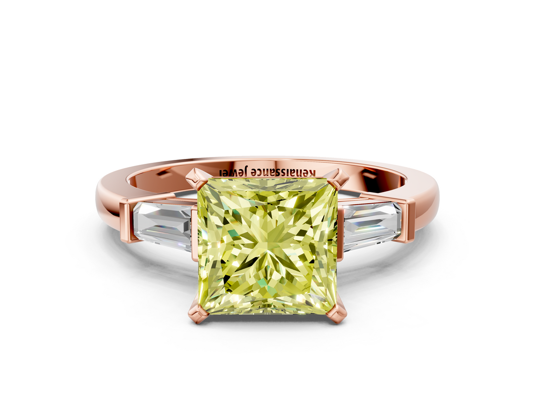 Rose gold Fancy Yellow Princess  Cut Diamond Solitaire Ring with Tapered Baguette Accents and Four-Prong Setting